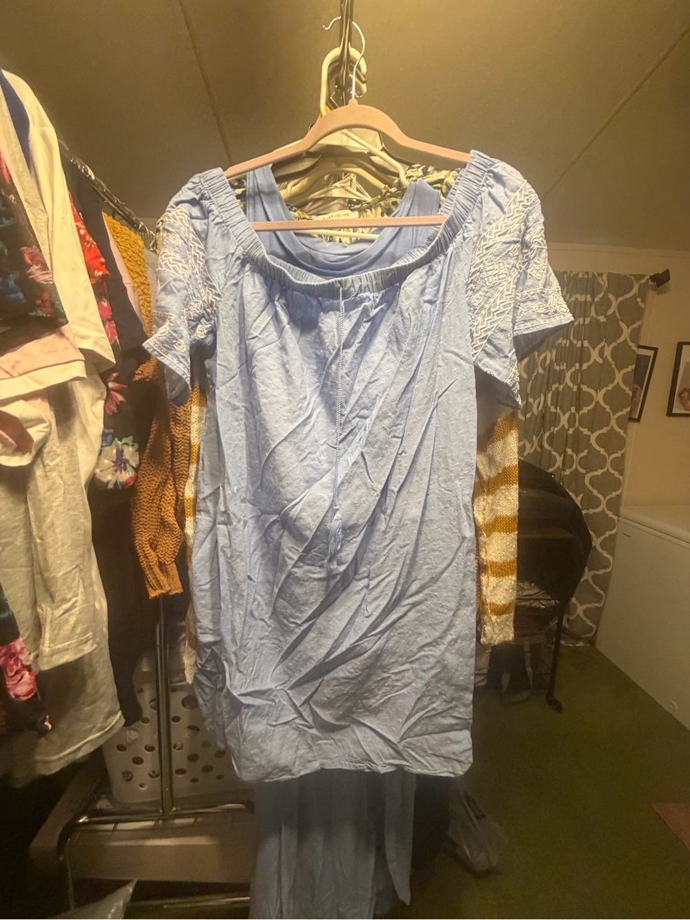 Old Navy Light Blue Off-Shoulder Lace Sleeve Midi Dress